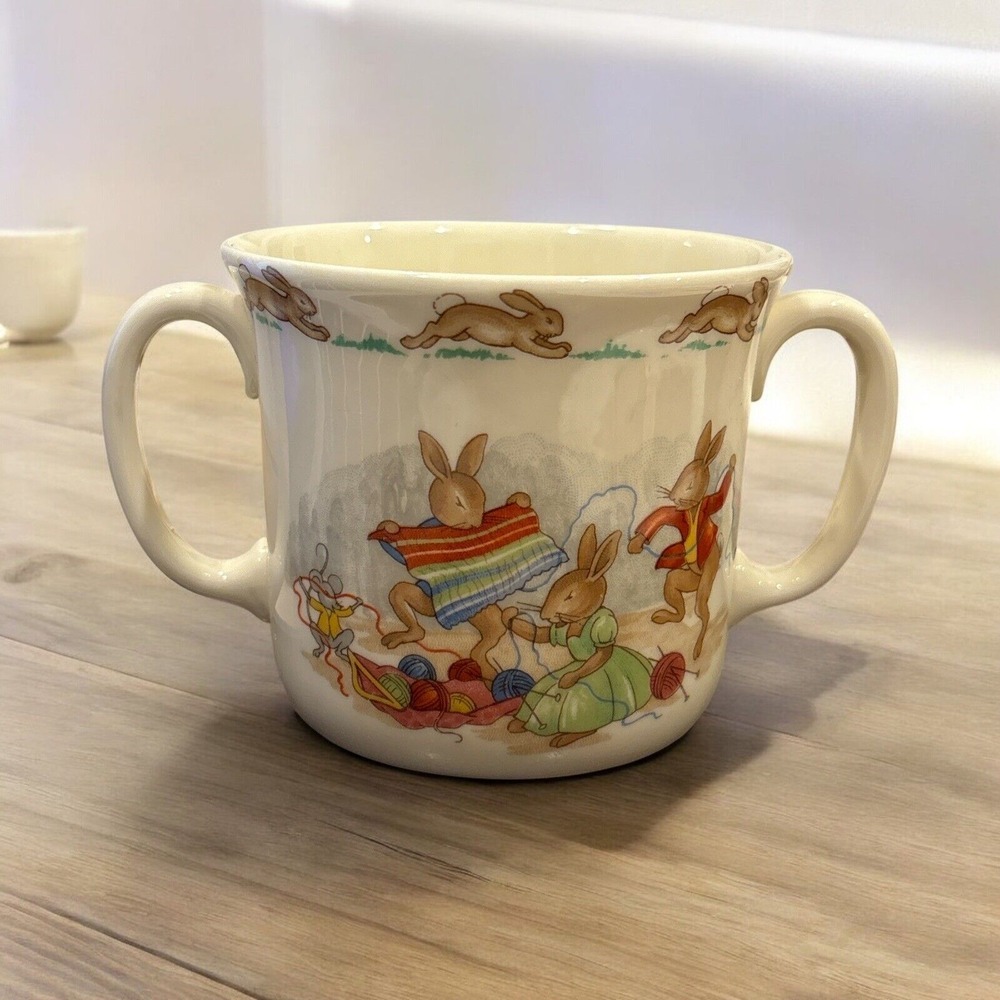 Royal Doulton - Bunnykins‎ - Double handed Coffee Mug Unraveling Knitting 1936